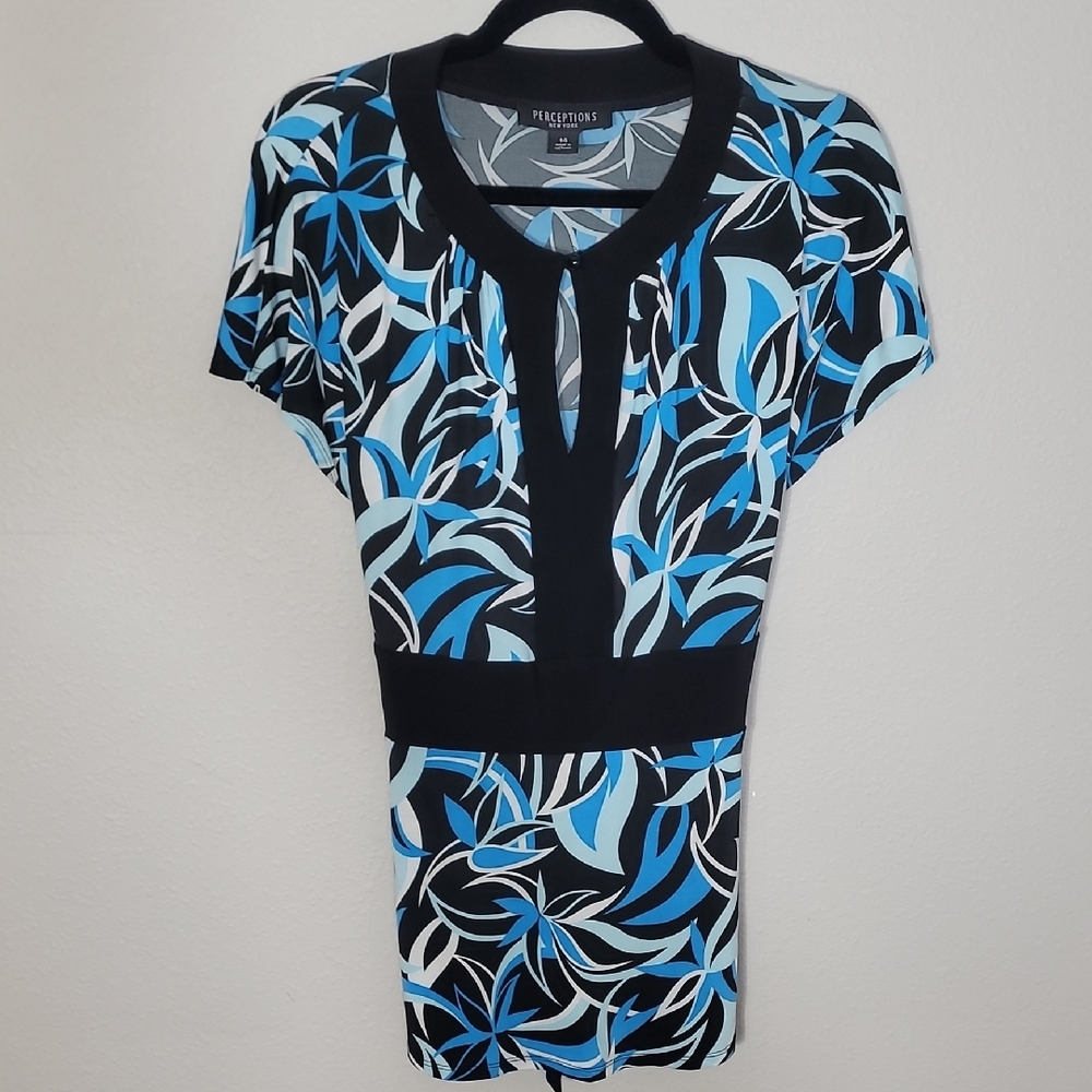 Y2K Perceptions Womens Babydoll Tunic Top Size 14/M/L Blue Black Stretch Goth